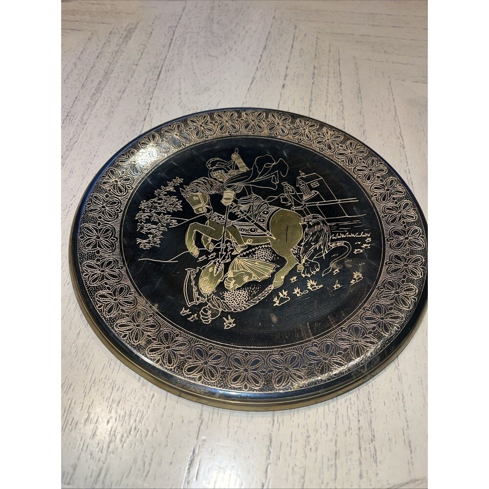 Black and Gold Decorative Brass Plate 9” Soldier On Horseback Handmade